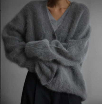 Cardigan en maille à col V pour femme, coupe ample avec boutons, en laine mélangée gris foncé