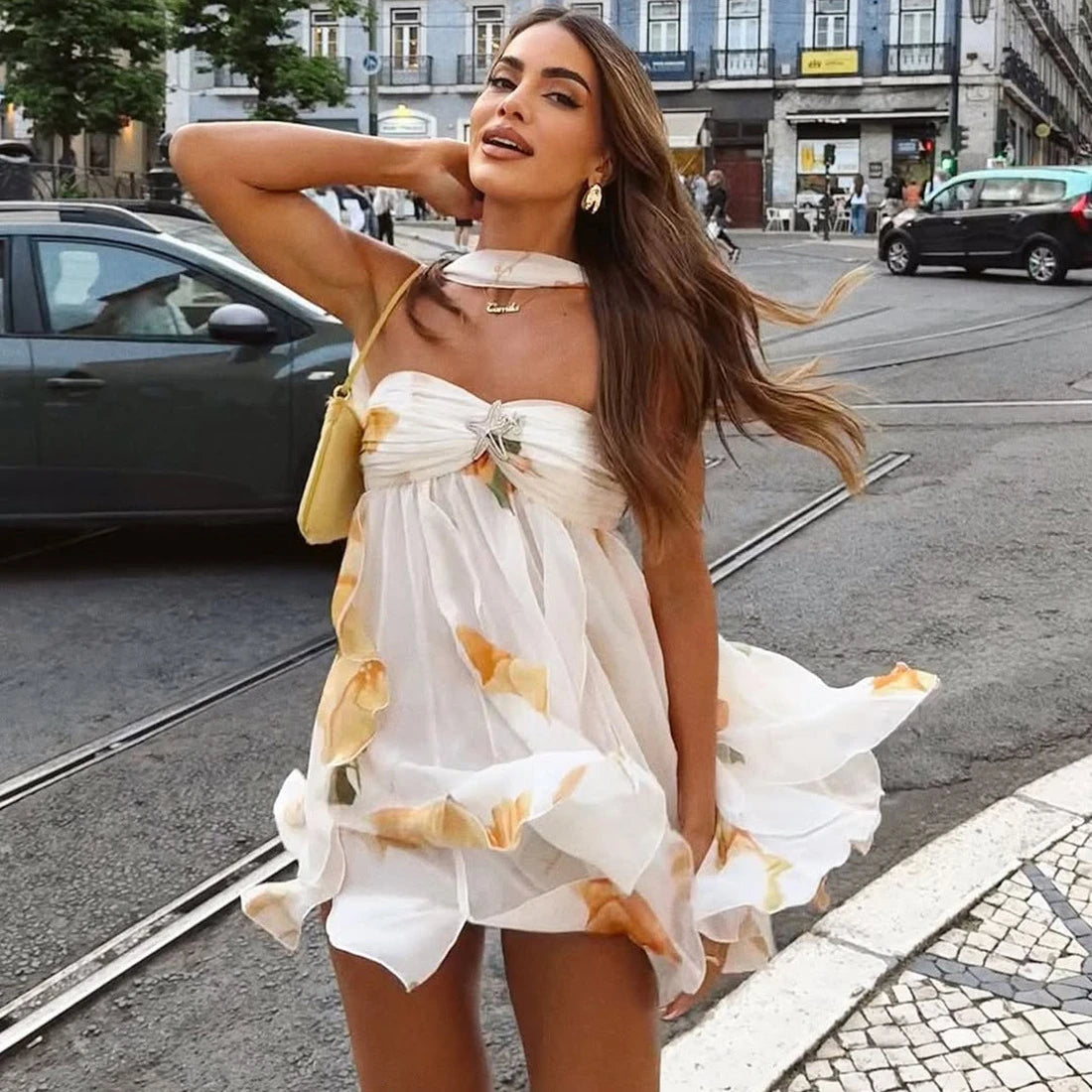 Robe dos nu femme col halter en mesh imprimé courte pour soirée et club