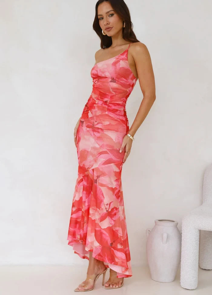 Robe longue femme à imprimé floral, style une épaule, confortable et élégante, parfaite pour casual, soirée ou vacances