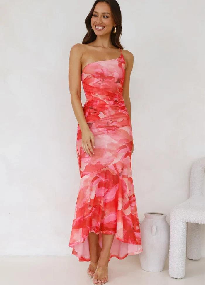 Robe longue femme à imprimé floral, style une épaule, confortable et élégante, parfaite pour casual, soirée ou vacances