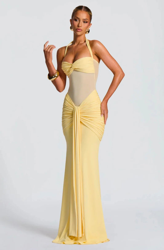 robe longue femme jaune ruban slim fit 
