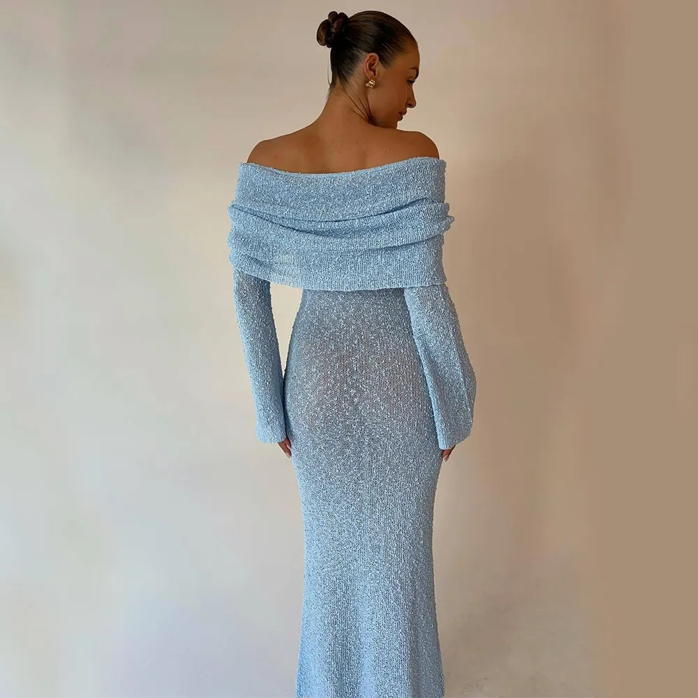 Robe une épaule tricotée longue manche bleue