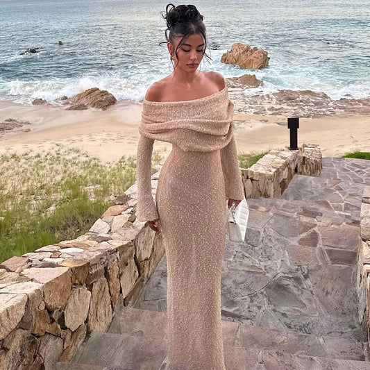 Robe une épaule tricotée longue manche abricot 