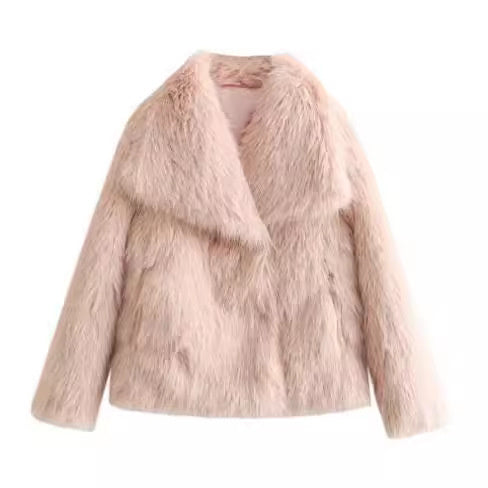 Manteau en fausse fourrure épais couleur rose avec col large oversize, élégant et chaud pour l’hiver