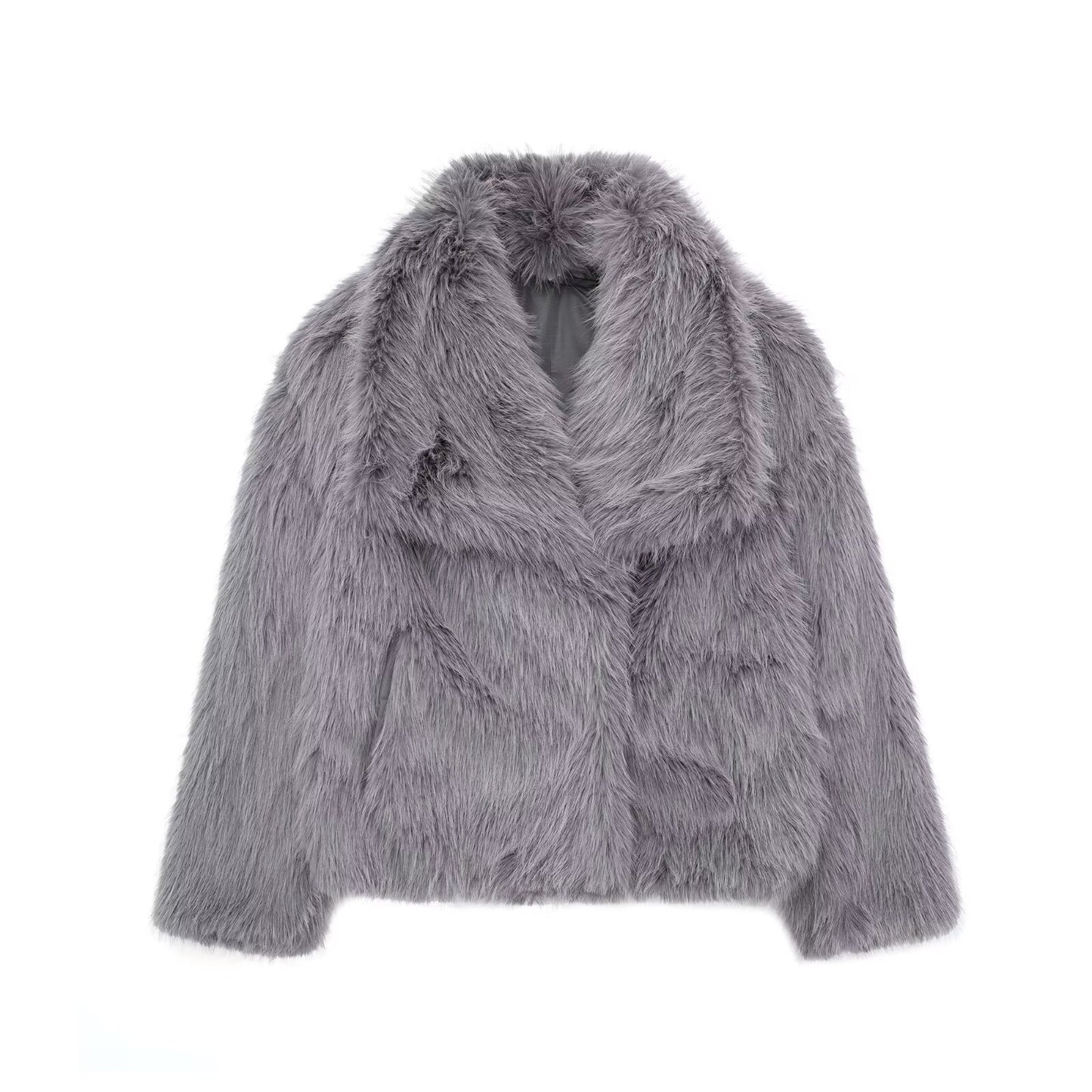 Manteau en fausse fourrure épais couleur gris avec col large oversize, élégant et chaud pour l’hiver
