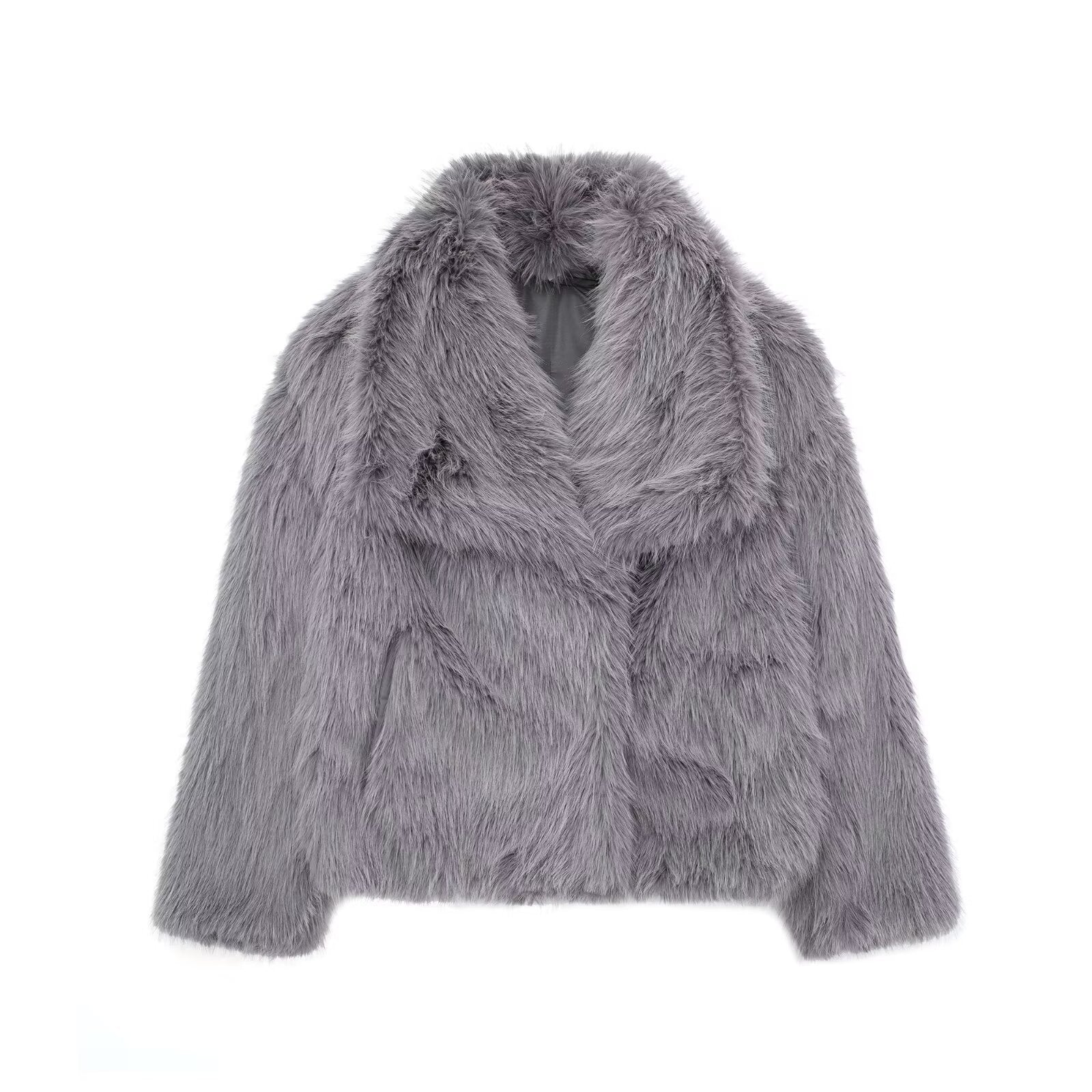 Manteau en fausse fourrure épais couleur gris avec col large oversize, élégant et chaud pour l’hiver